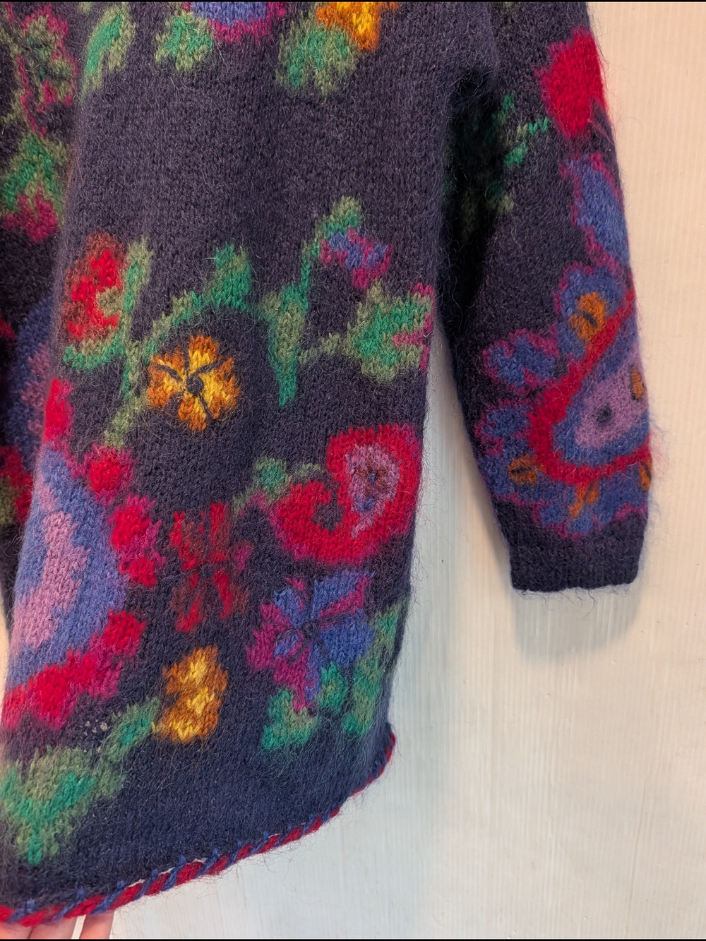 ROSANNA Hand Knitted Bohemian Navy Floral Paisley Mohair Crewneck Sweater Medium - Picture 6 of 11